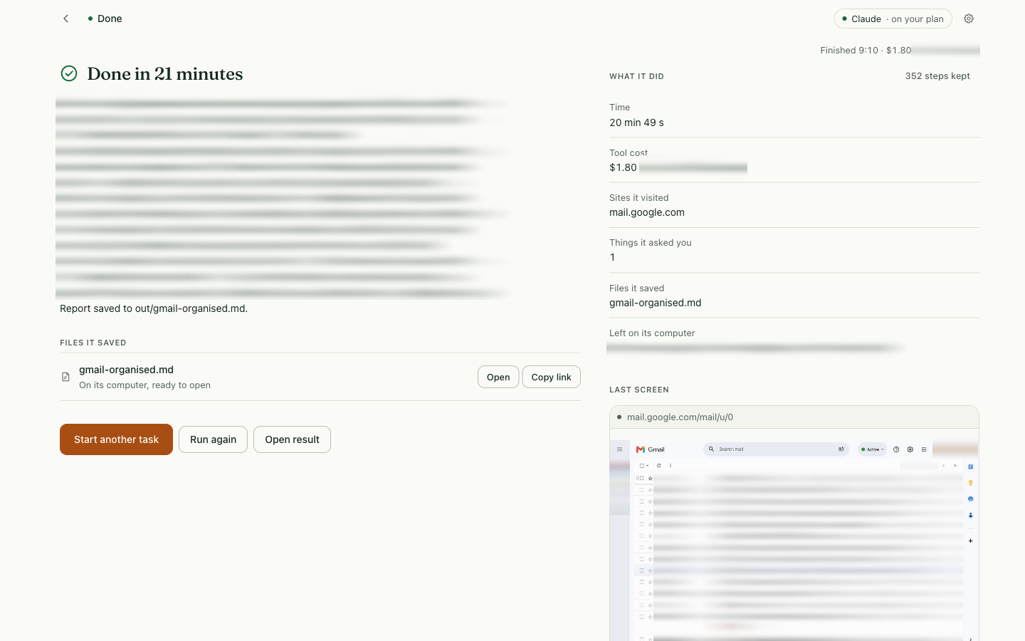 The actual email organisation continuation completed in 20 minutes 49 seconds and saved gmail-organised.md; private report and inbox details are blurred.